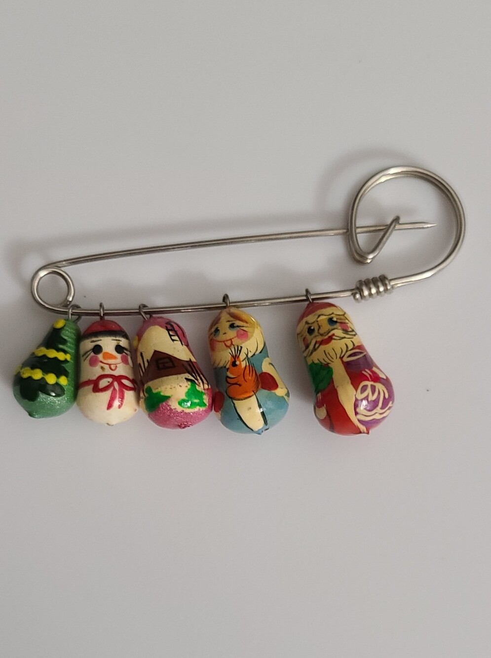 Vintage Russian Christmas Brooch Pin Matryoshka Nesting Dolls Hand Painted Santa